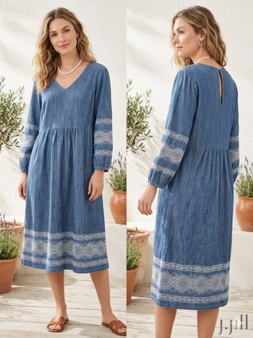 J.Jill Denim Embroidered Boho Dress Blue Chambray V-Neck Keyback Size Medium